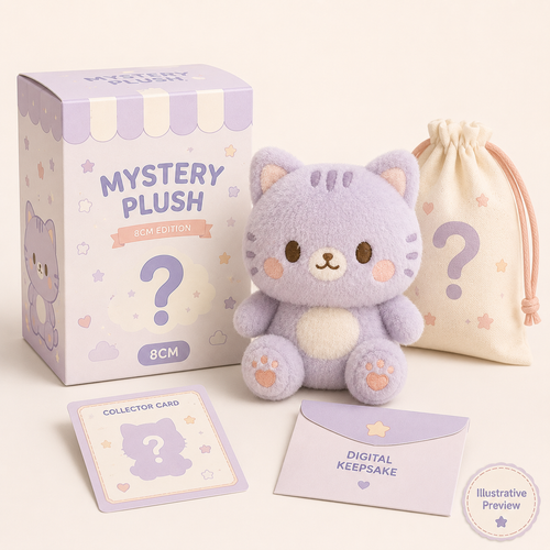 A cute lavender plush cat toy displayed with its branded box, a cream drawstring pouch with a large question mark, a collector card, and a digital keepsake envelope on a warm off-white background.