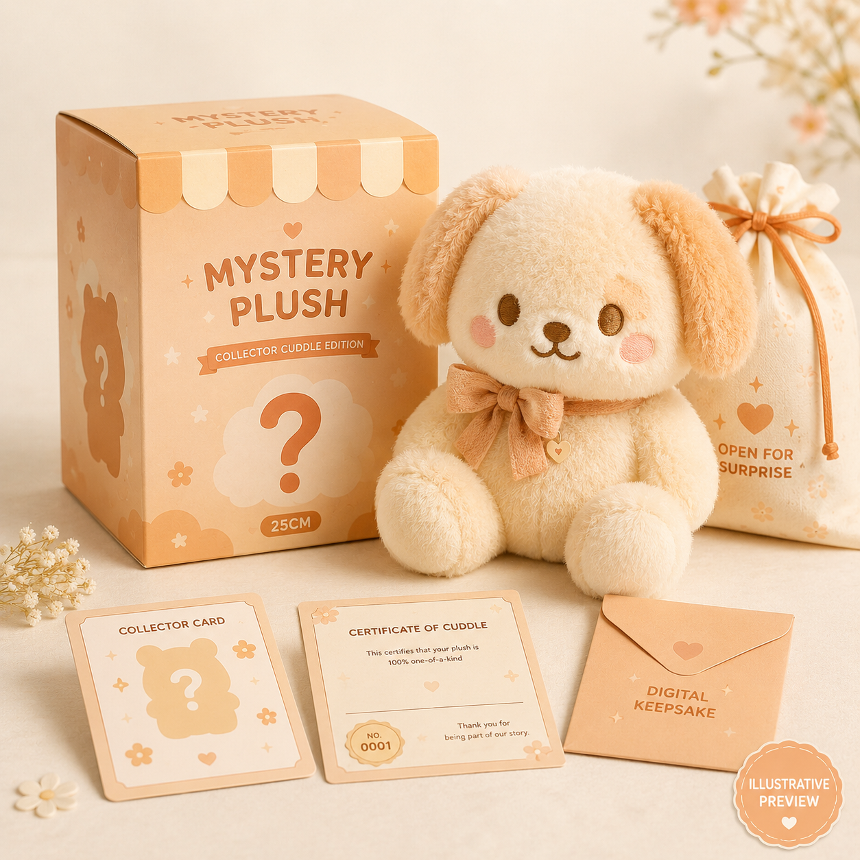 A cute cream-colored plush puppy toy with a beige bow, displayed alongside its matching cardboard collector box, a drawstring gift bag, and several cute paper inserts on a warm beige background.