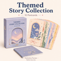 A themed story collection set featuring a lavender box labeled 'Themed Story Collection 10 Postcards,' a matching story booklet, and a fan of illustrated postcards showing pastel window scenes with moons, stars, and flowers. Large text at the top reads 'Themed Story Collection' and small text at the bottom says 'Illustrative Preview.